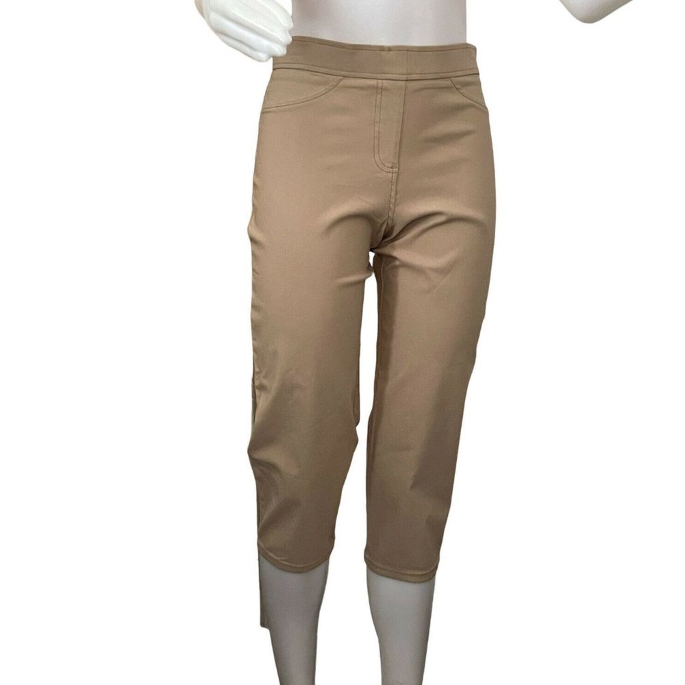 Women’s Pants TAHARI Flat Front Mid Rise Pull-On Capri Pants Khaki Size Petite L
